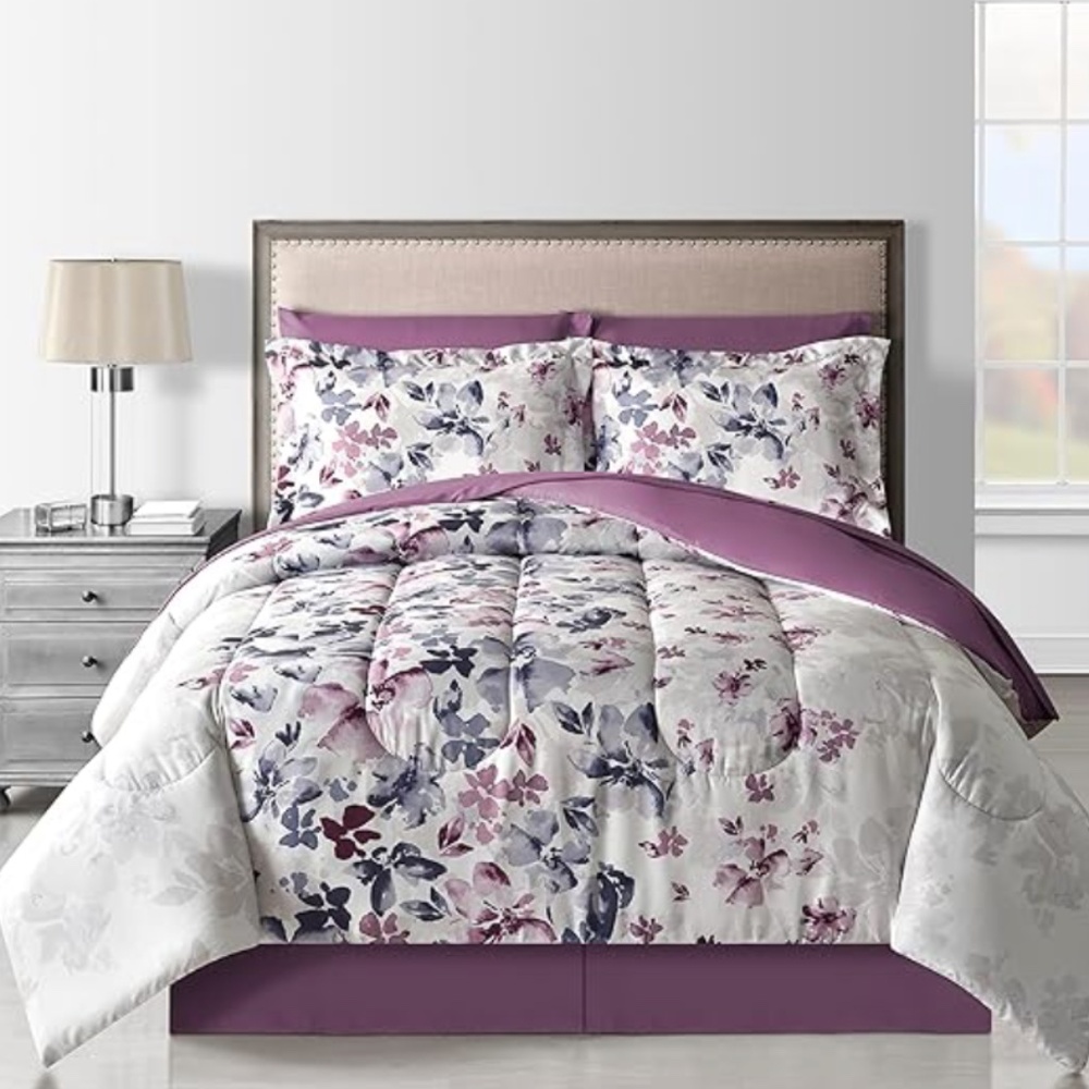 Lanwood Monica 8-Piece Bed-in-A-Bag Set, California King, White/Lilac Floral - Picture 3 of 7